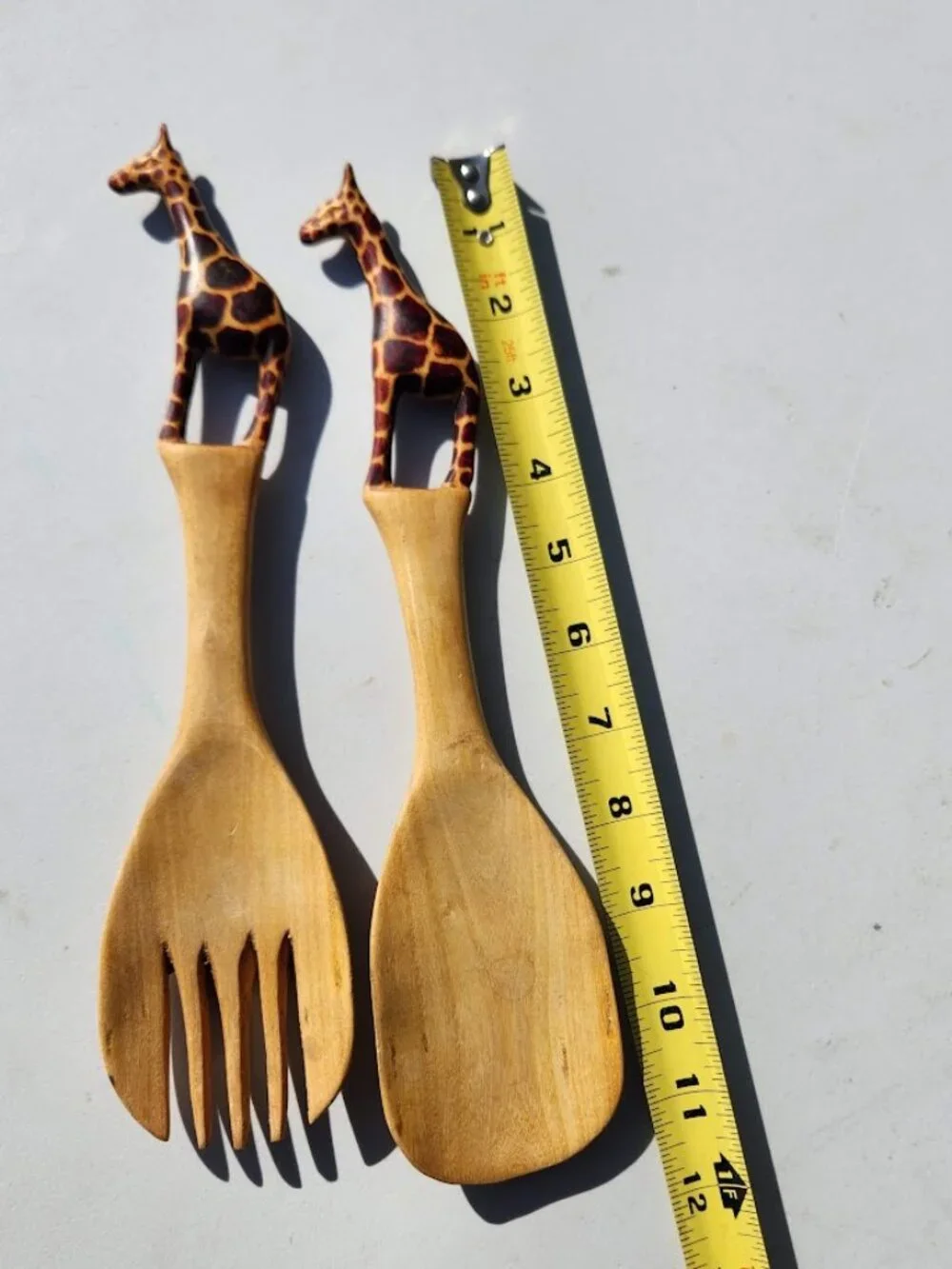 New Hand Carved Wood Giraffe Fork Spoon Serving Set Safari African Folk Art Home